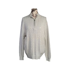 IZOD Men's Sz L Cable Knit Long Sleeve Cream Sweater 1/4 Zip Preppy Ski Academia